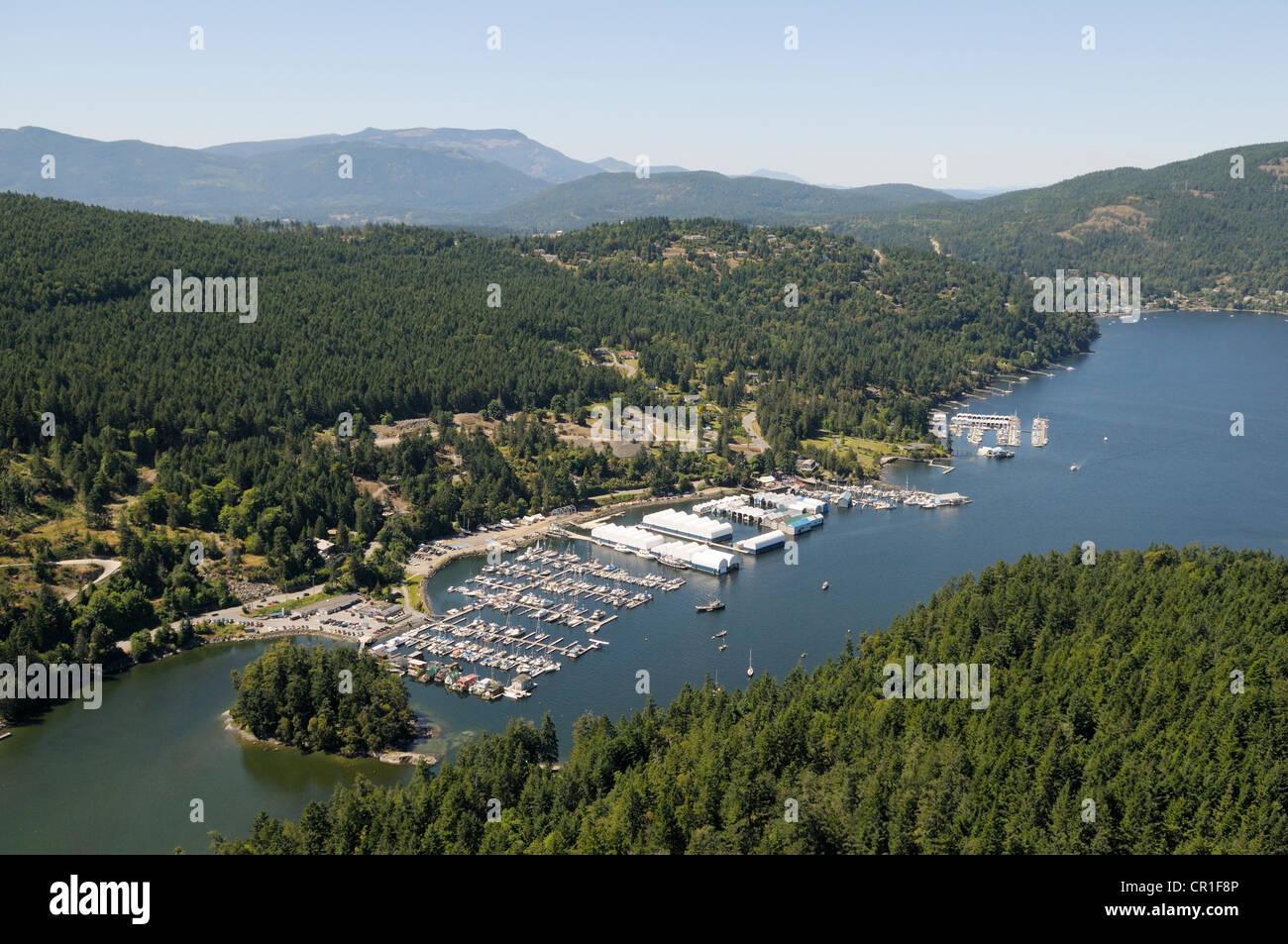 Aerial view of Maple Bay and Maple Bay Marina, Vancouver Island, British Columbia, Canada Stock