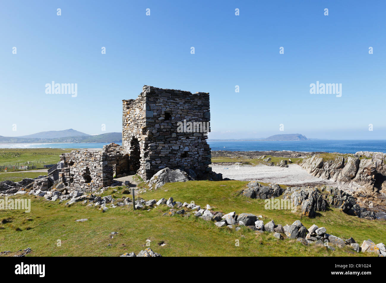 Ruins of Carrickbraghey Castle, Isle of Doagh, Inishowen Peninsula, County Donegal, Ireland, British Isles, Europe Stock Photo