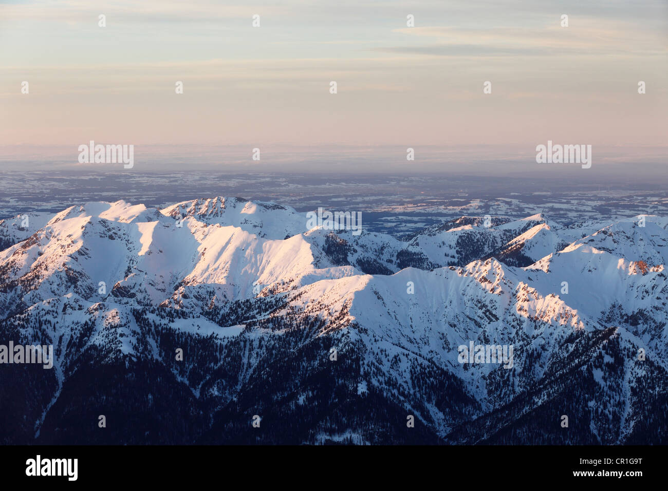 View from Zugspitze Mountain over the Ammergau Alps or the Ammer Mountains, with Hochplatte and Schellschlicht Mountains Stock Photo