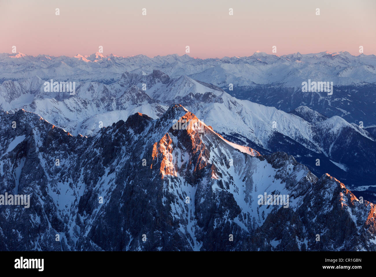 View from Zugspitze Mountain over Hochwanner Mountain, 2744m asl, in the evening light, Wetterstein Mountains, Upper Bavaria Stock Photo