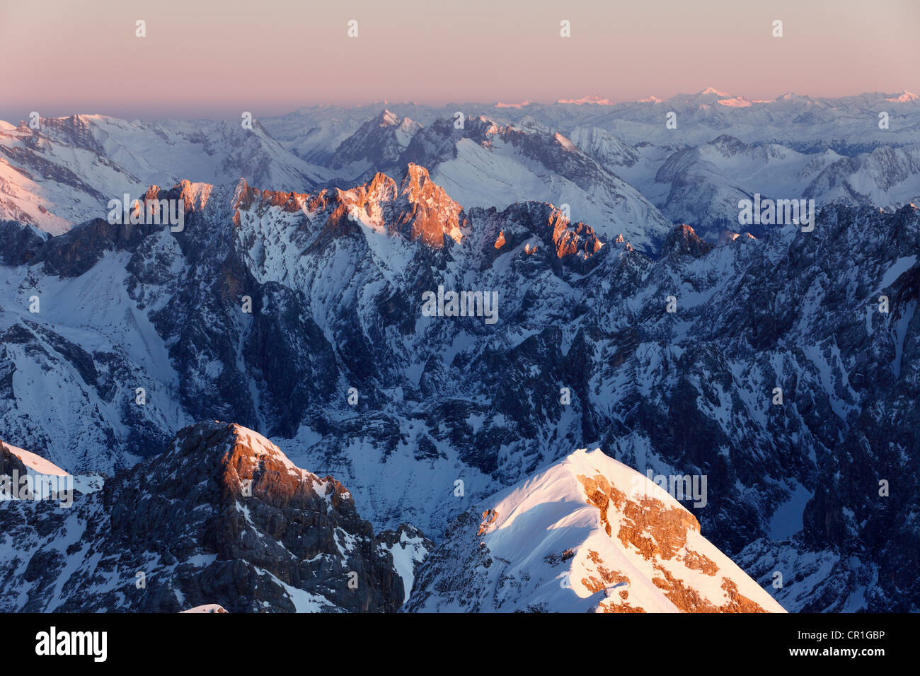 View from Zugspitze Mountain over the Hoellentalspitzen Mountains and Dreitorspitze Mountain in the evening light Stock Photo