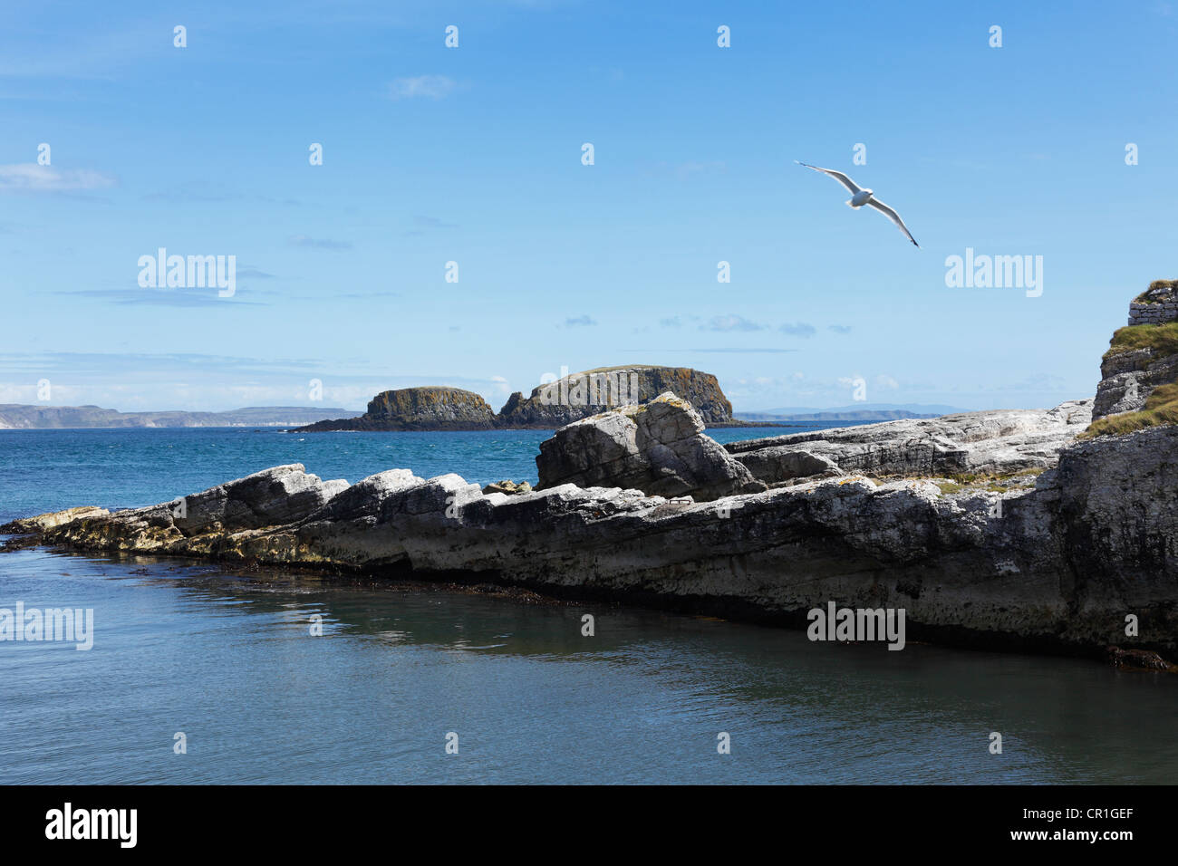 Rocky coastline in Ballintoy, Antrim Coast, County Antrim, Northern Ireland, United Kingdom, Europe Stock Photo