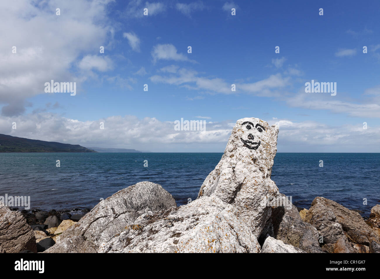 Rock painted with a face, Ballygalley, County Antrim, Northern Ireland, Great Britain, Europe, PublicGround Stock Photo