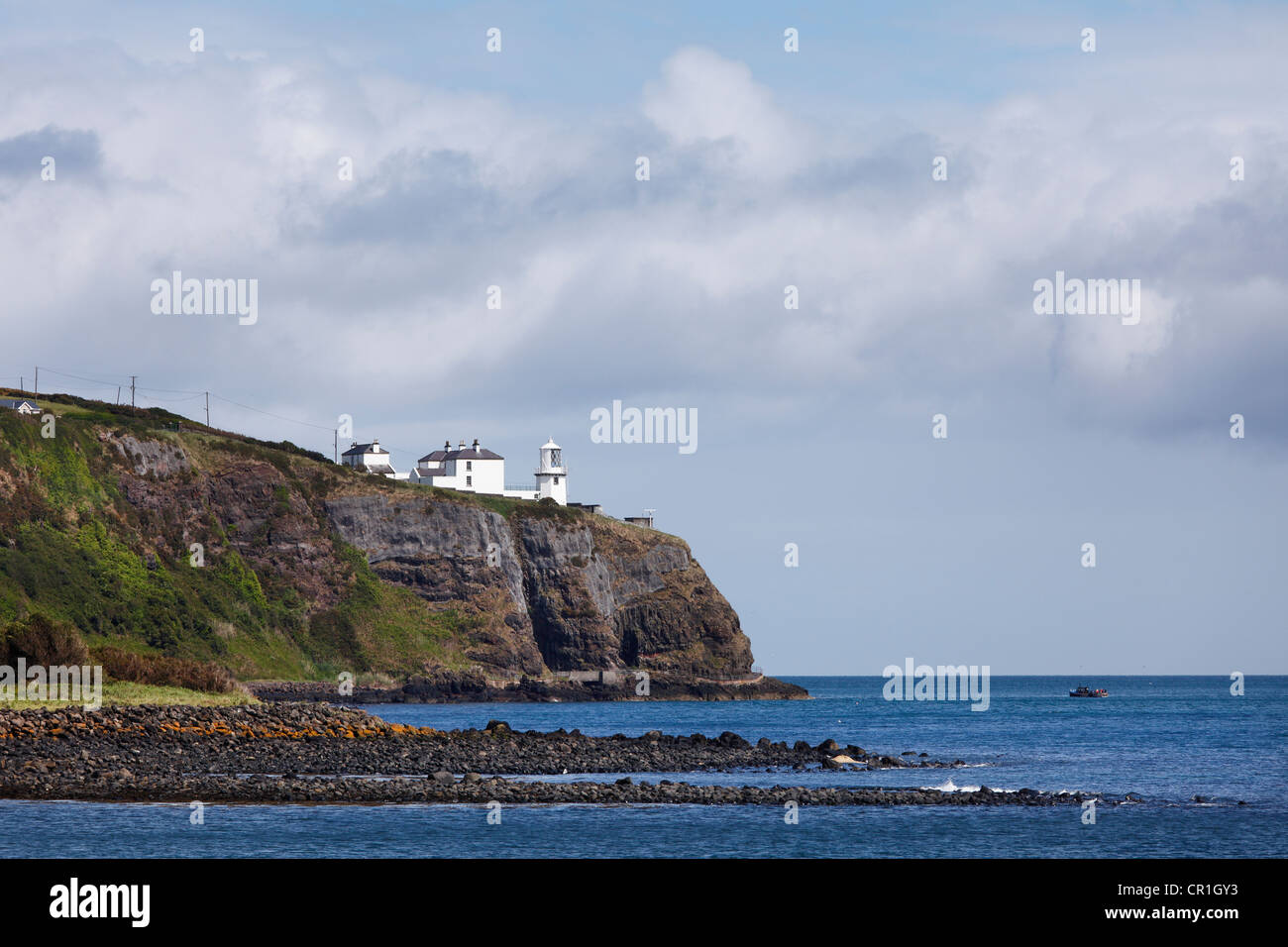 Lighthouse at the Blackhead, Whitehead, County Antrim, Northern Ireland, Ireland, Great Britain, Europe Stock Photo