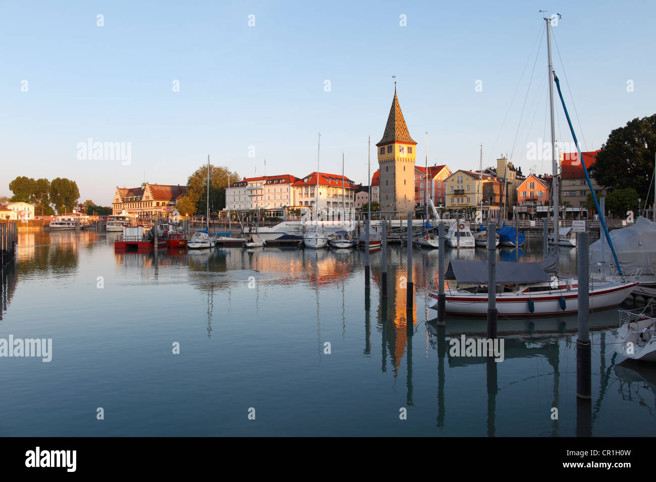 Harbour with Mangturn or Mangenturm tower, Lindau on Lake Constance, Swabia, Bavaria, Germany, Europe, PublicGround Stock Photo