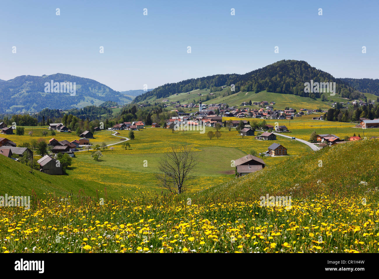 Hittisau village with Mt. Roter Berg, right, Bregenzerwald region, Vorarlberg, Austria, Europe Stock Photo