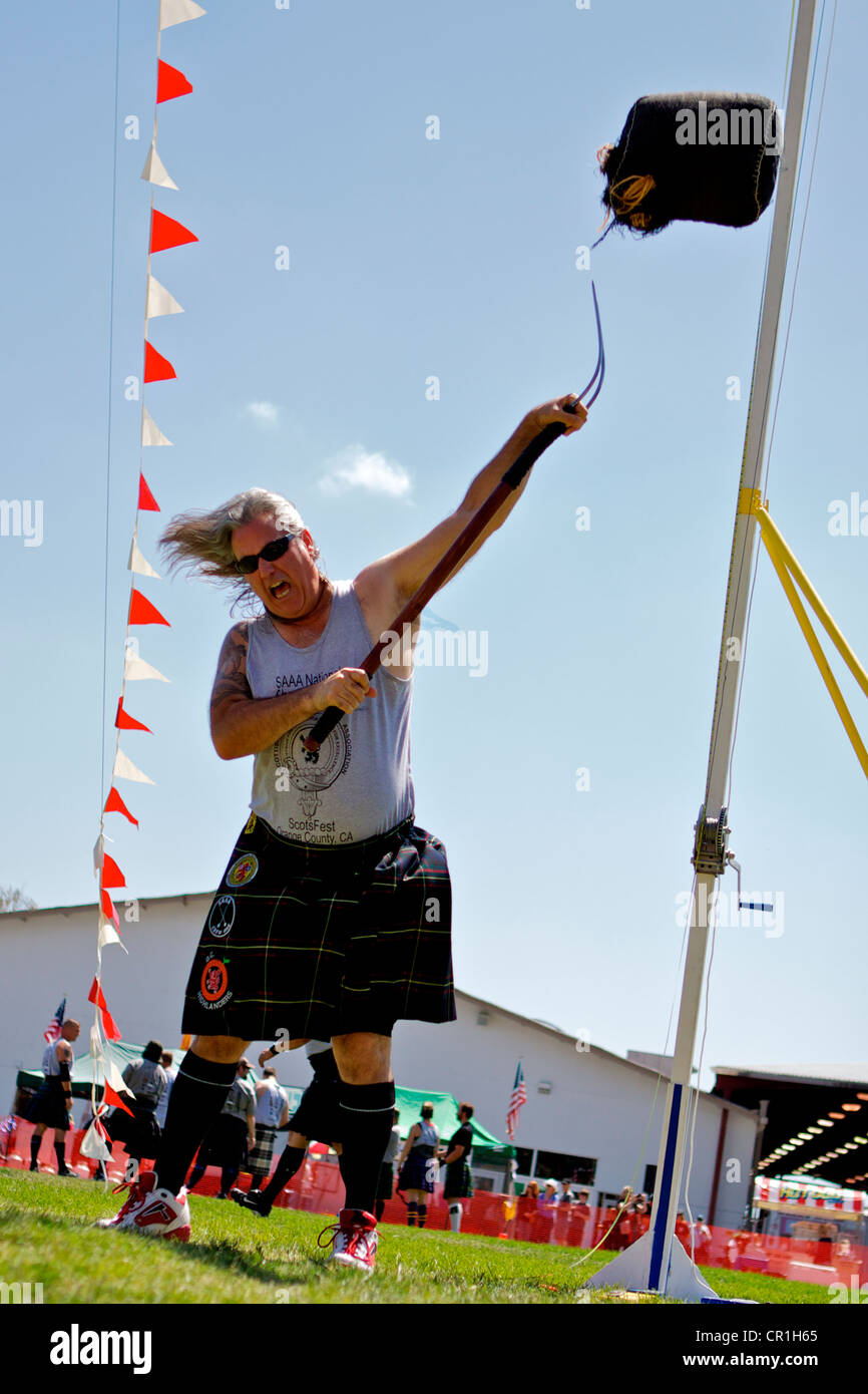 Sheaf Toss at the Scottish Festival Orange County Fairgrounds Costa Mesa, California. Stock Photo