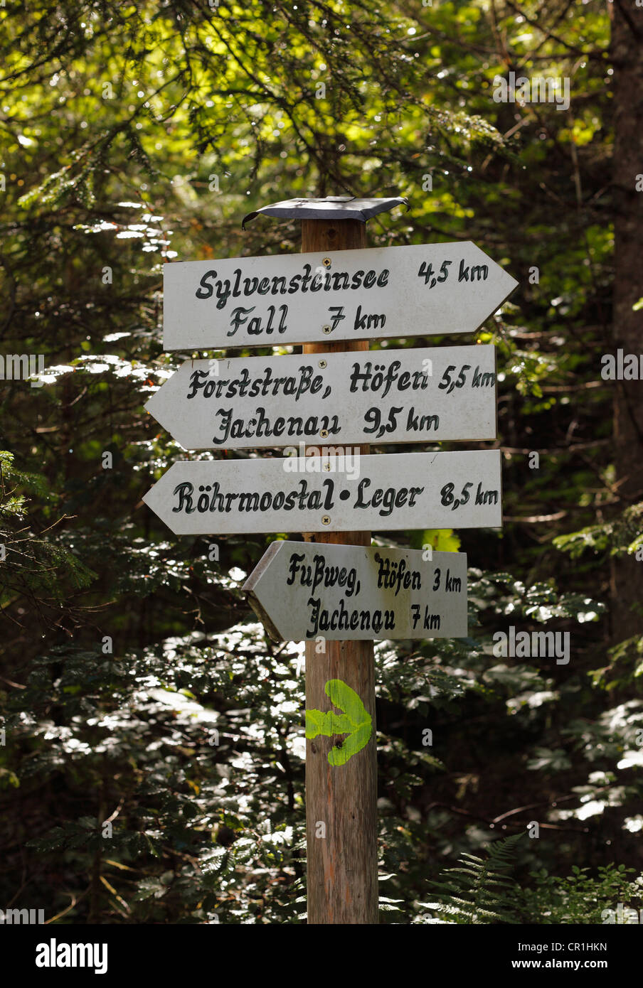 Signpost in the Schronbachtal valley, municipality of Jachenau, Isarwinkel region, Upper Bavaria, Bavaria, Germany, Europe Stock Photo