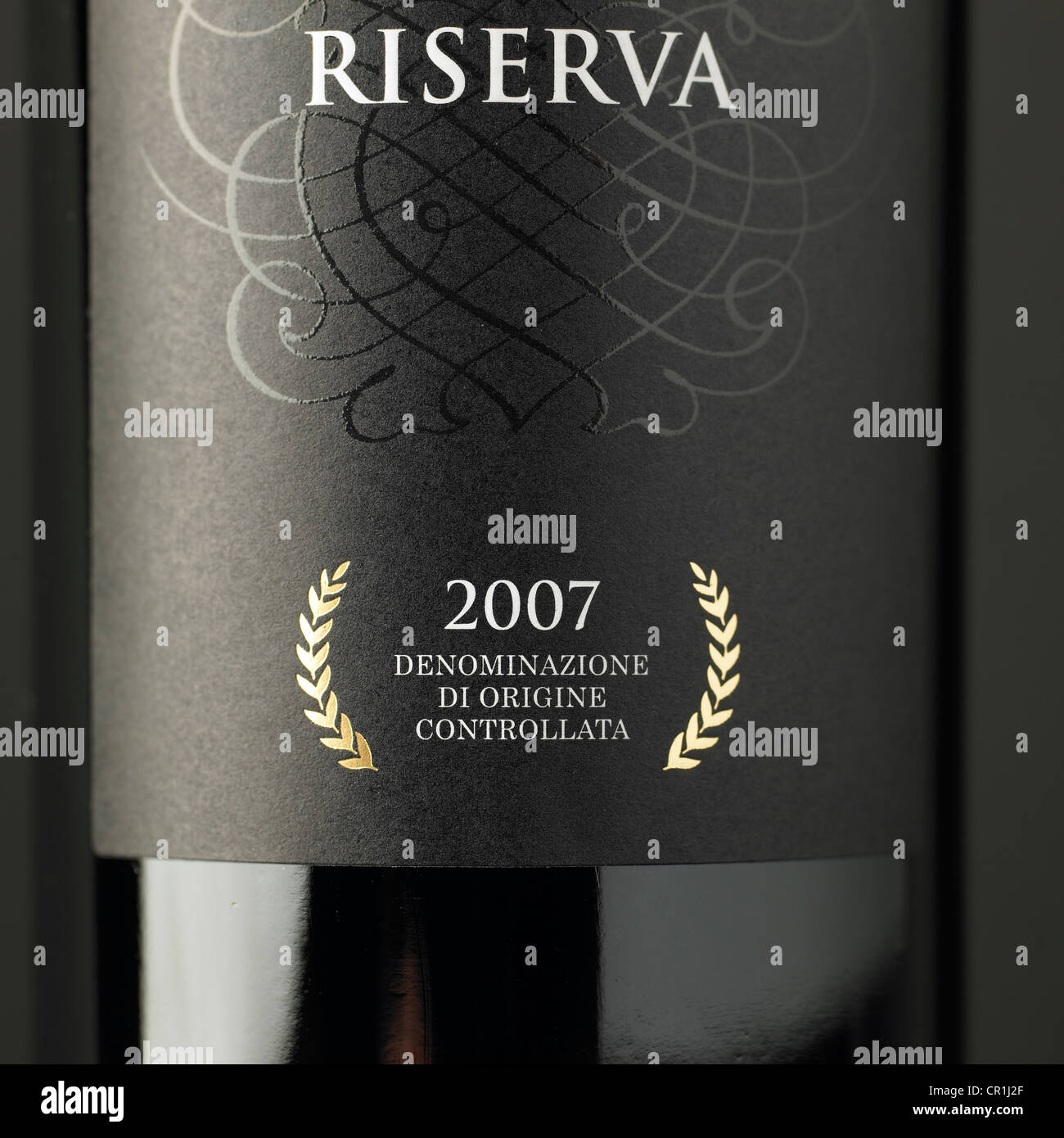 unico Brindisi Riserva Italian red wine bottle label closeup Stock