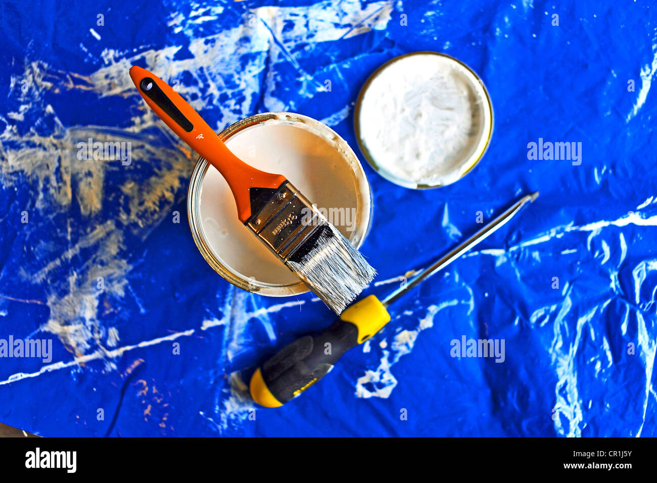 DIY at home paint pot with paint brush and screwdriver Stock Photo Alamy