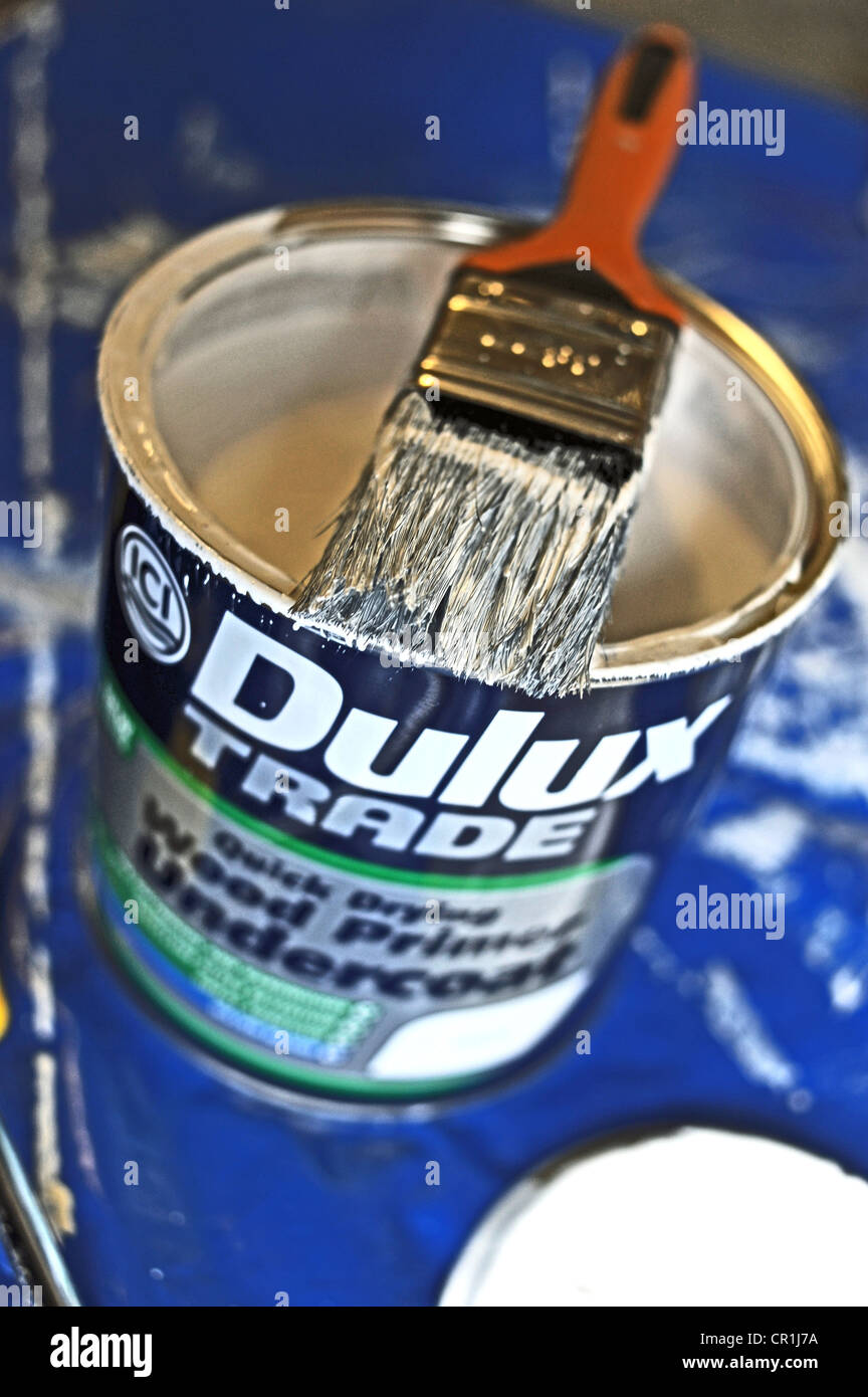 DIY at home Dulux Trade paint pot with paint brush Stock Photo - Alamy