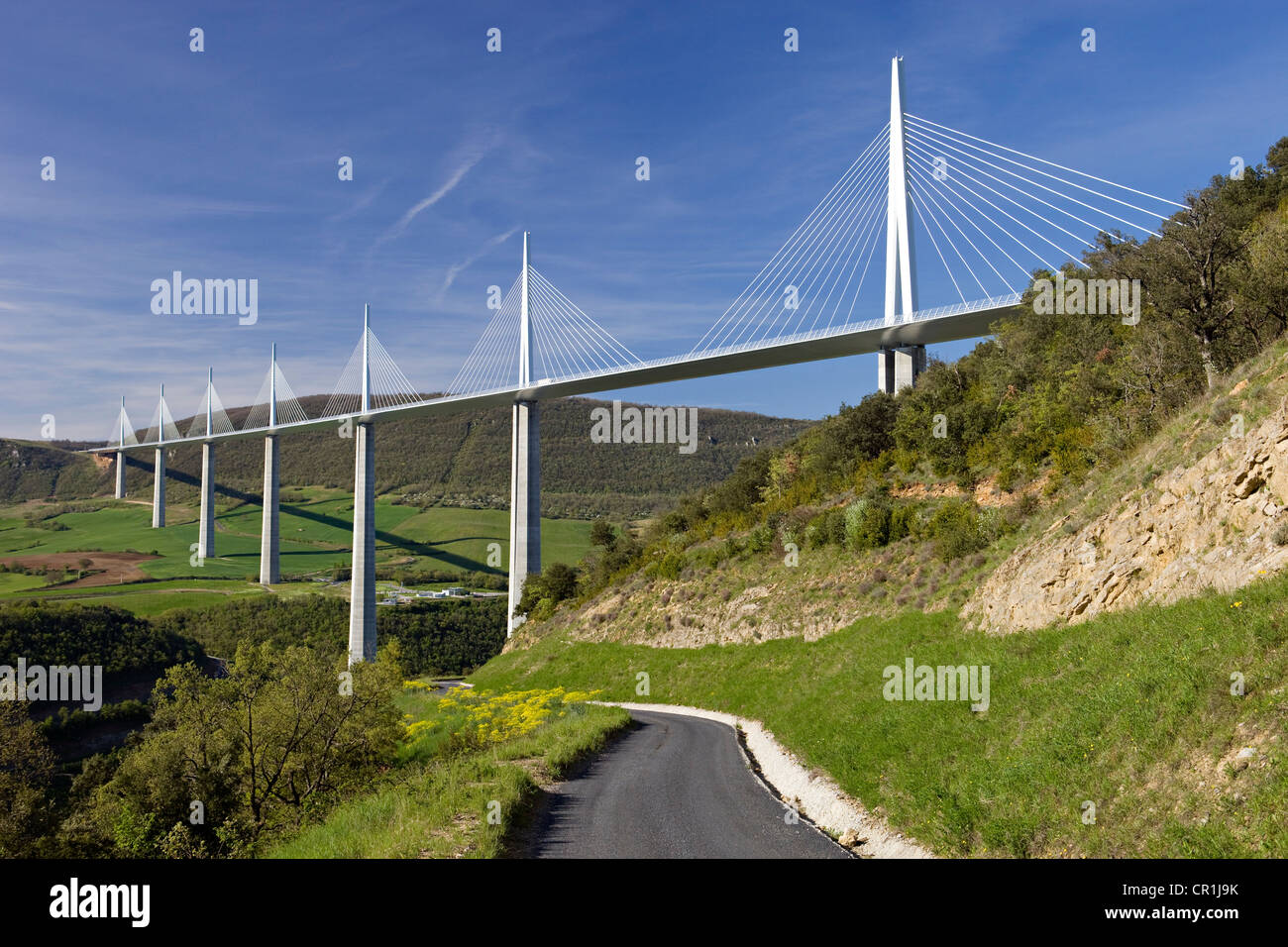 France, Aveyron, Millau Viaduct (A75 Motorway) built by Michel Virlogeux and Norman Foster, located between Causses de Stock Photo