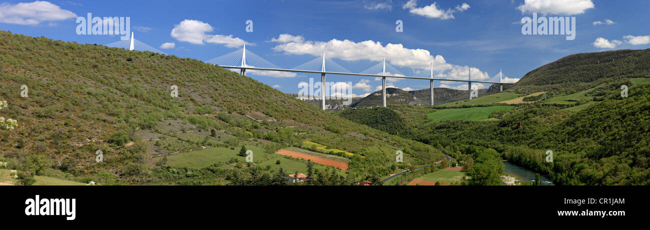 France, Aveyron, Millau Viaduct (A75 Motorway) built by Michel Virlogeux and Norman Foster, located between Causses de Stock Photo