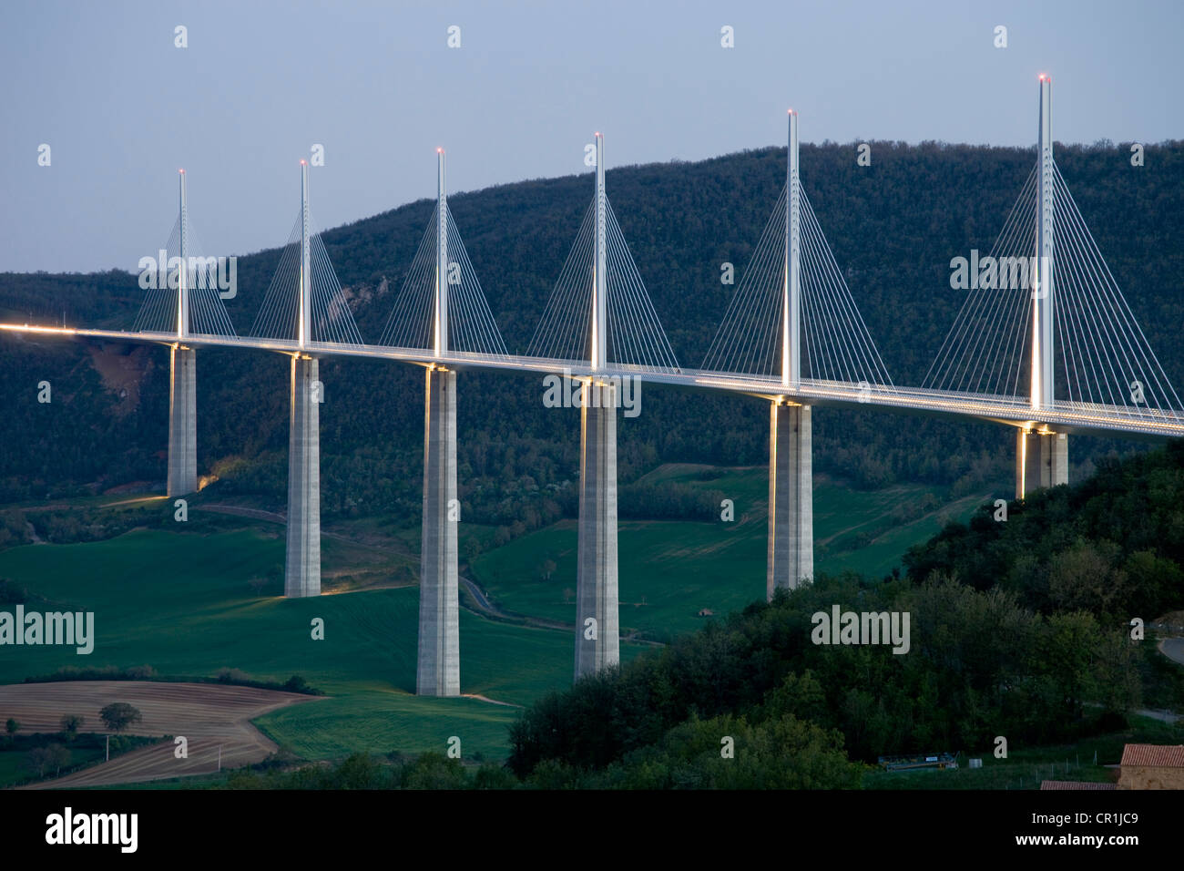 France, Aveyron, Millau, Millau Viaduct (A75 Motorway) built by Michel Virlogeux and Norman Foster, located between Causses de Stock Photo