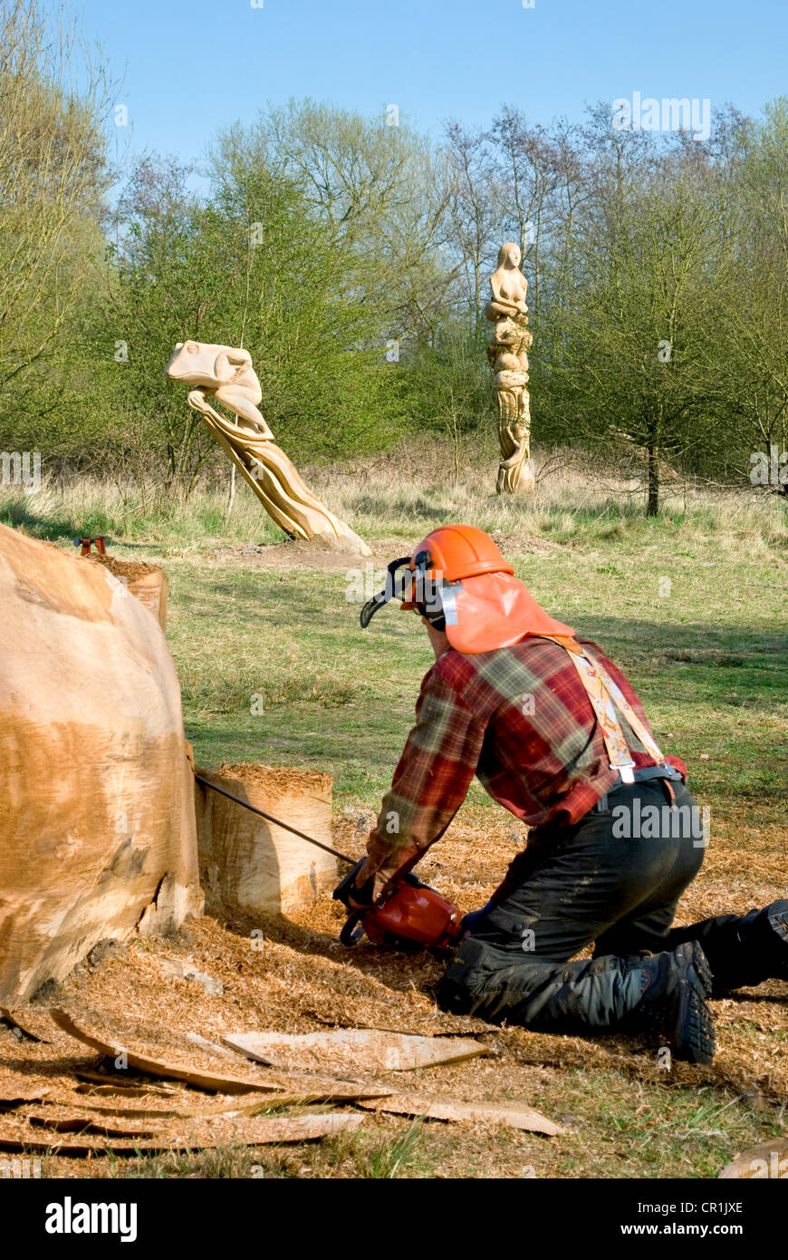 Chainsaw sculptor working on the Olympic sculpture park Stock Photo Alamy