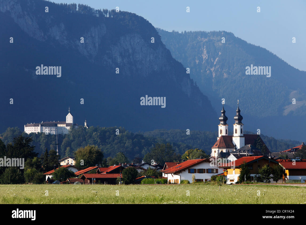 Schloss Hohenaschau Castle, Parish Church of Aschau in Chiemgau, Upper Bavaria, Bavaria, Germany, Europe, PublicGround Stock Photo