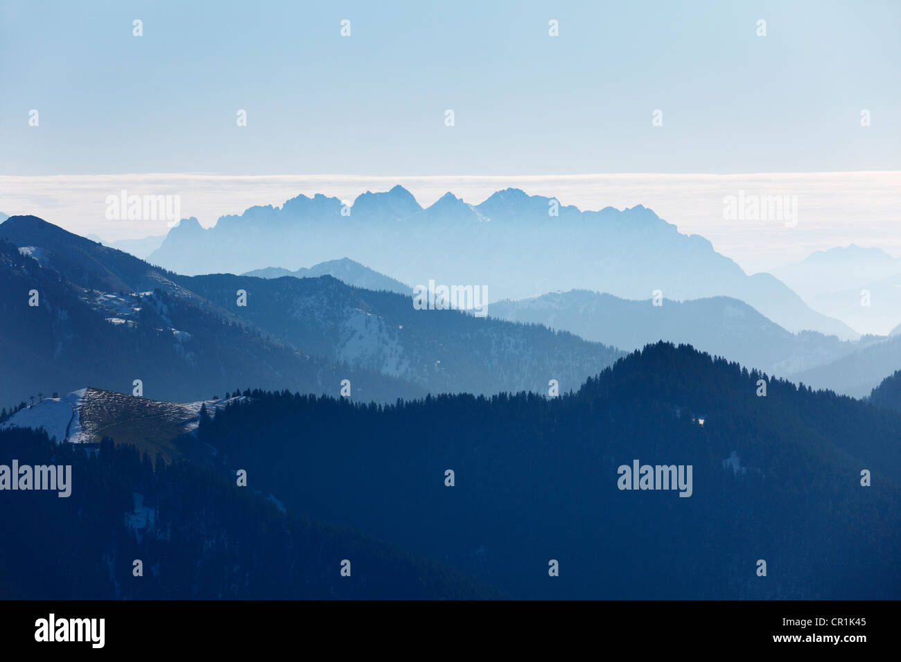 View from Mt Wallberg, Mt Wilder Kaiser in Tyrol at back, Upper Bavaria, Bavaria, Germany, Europe, PublicGround Stock Photo