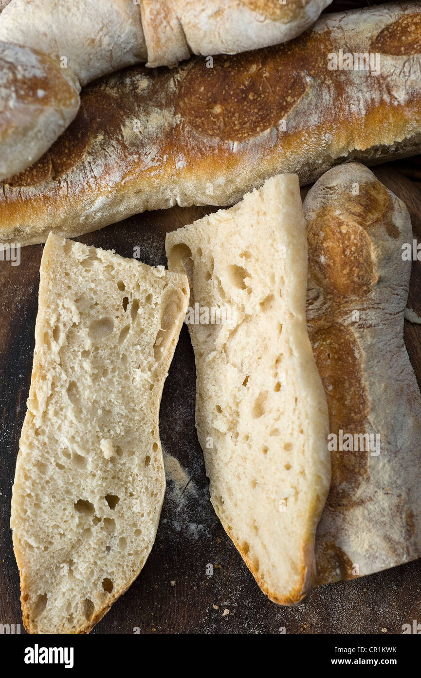 Baked Baguettes au Levain, wheat sourdough baguettes, crumb, cut Stock Photo