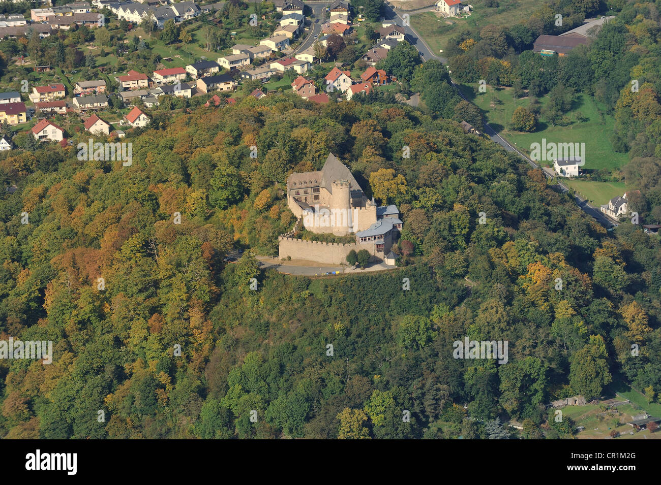 Aerial view of Schloss Biedenkopf Castle with the Hinterland Museum in Palas, bergfried and castle mountain, Hinterland Stock Photo
