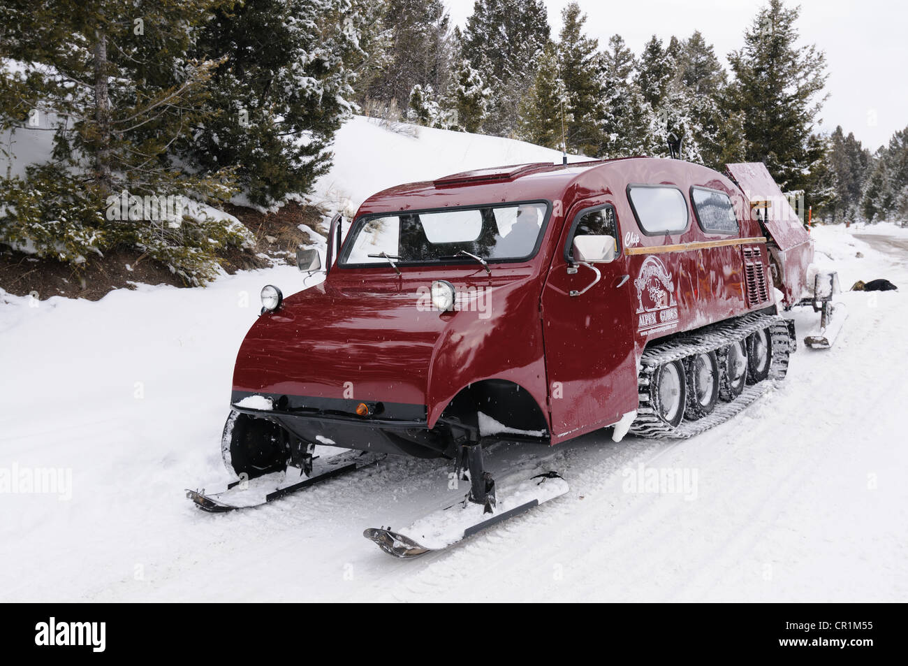 snowcoach Bombardier winter snow Yellowstone national park Stock Photo