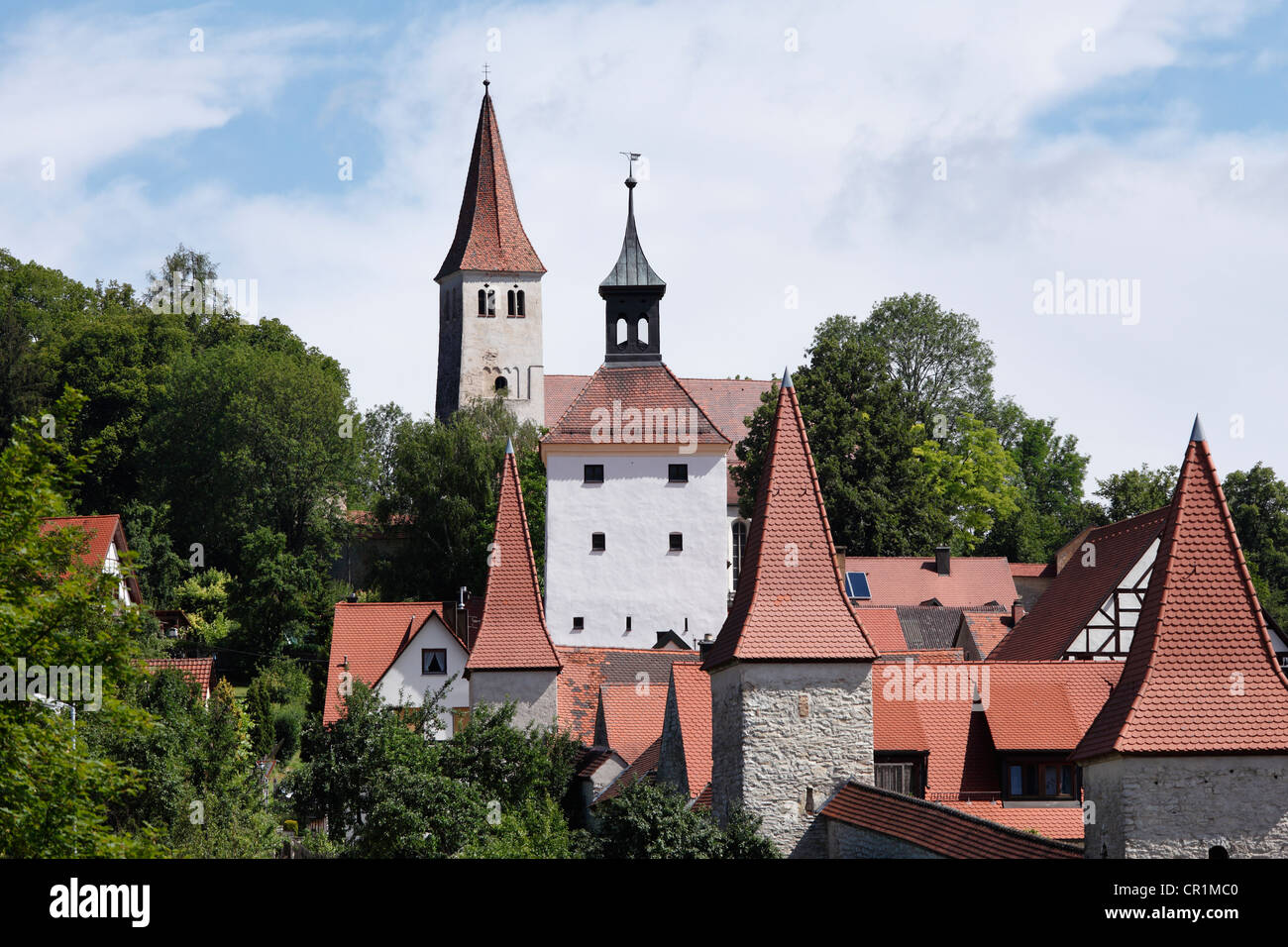 Town walls and the Basilica of St. Martin, Greding, Middle Franconia, Franconia, Bavaria, Germany, Europe Stock Photo
