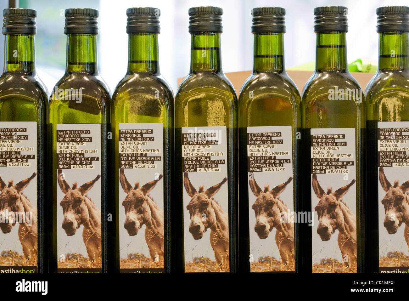 Greece, Attica, Athens, Mastiha shop, bottles of olive oil Stock Photo