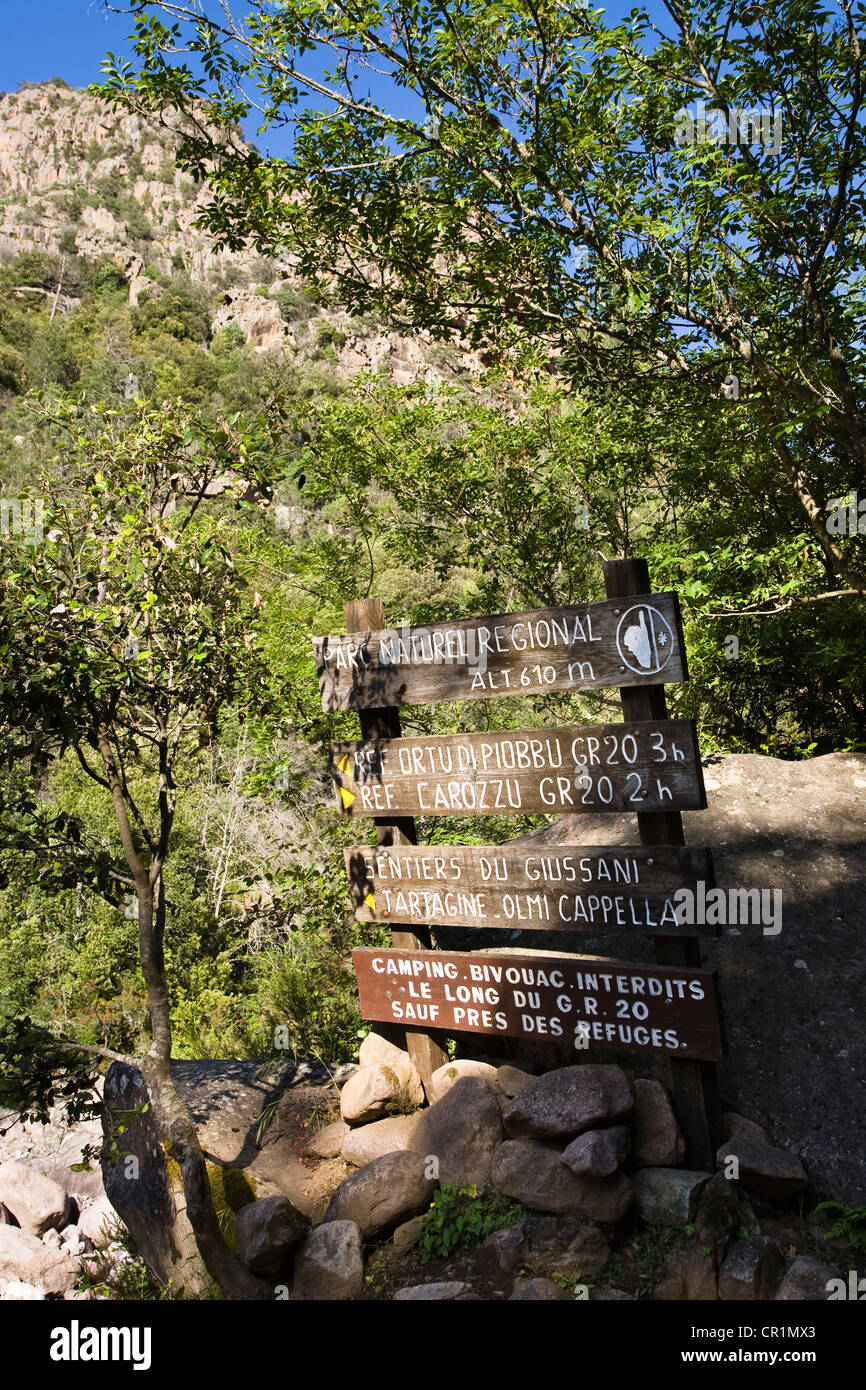 Sign posts, Hiking along Figarella river, Foret de Bonifatu, Corsica, France, Europe Stock Photo