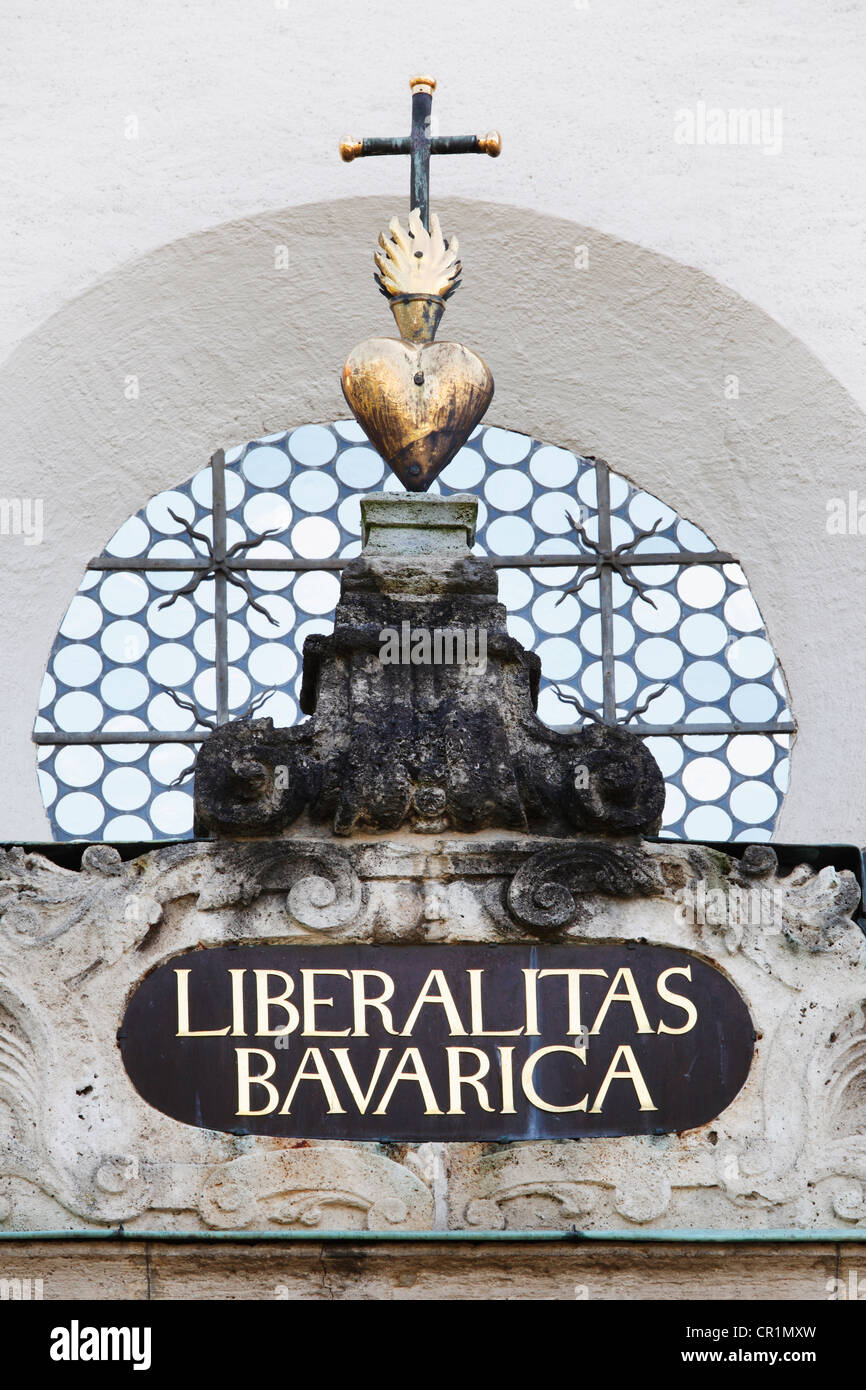 Liberalitas Bavarica, motto on the gable of the church of the Kloster Polling monastery, Polling, Pfaffenwinkel, Upper Bavaria Stock Photo