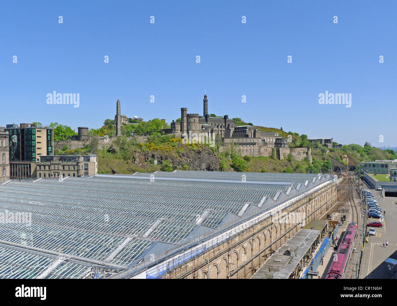 The new roof on Waverley railway station east in Edinburgh Scotland with Calton Hill behind. Stock Photo