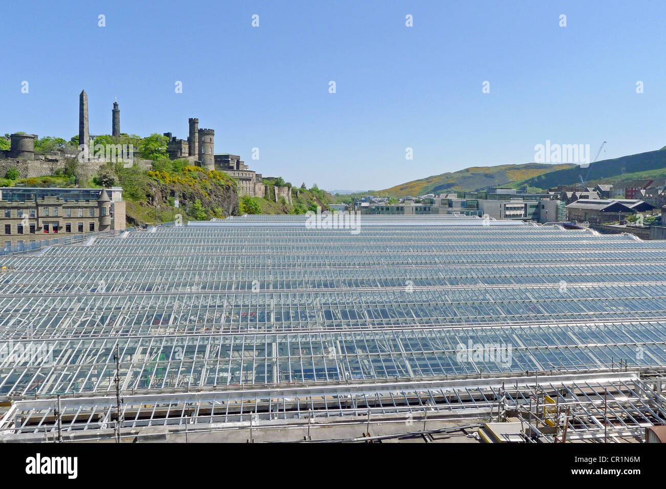The new roof on Waverley railway station east in Edinburgh Scotland with Calton Hill behind. Stock Photo
