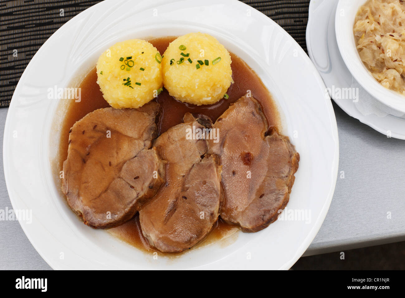 Roast pork with dumplings, Franconian Switzerland, Upper Franconia, Franconia, Bavaria, Germany, Europe Stock Photo