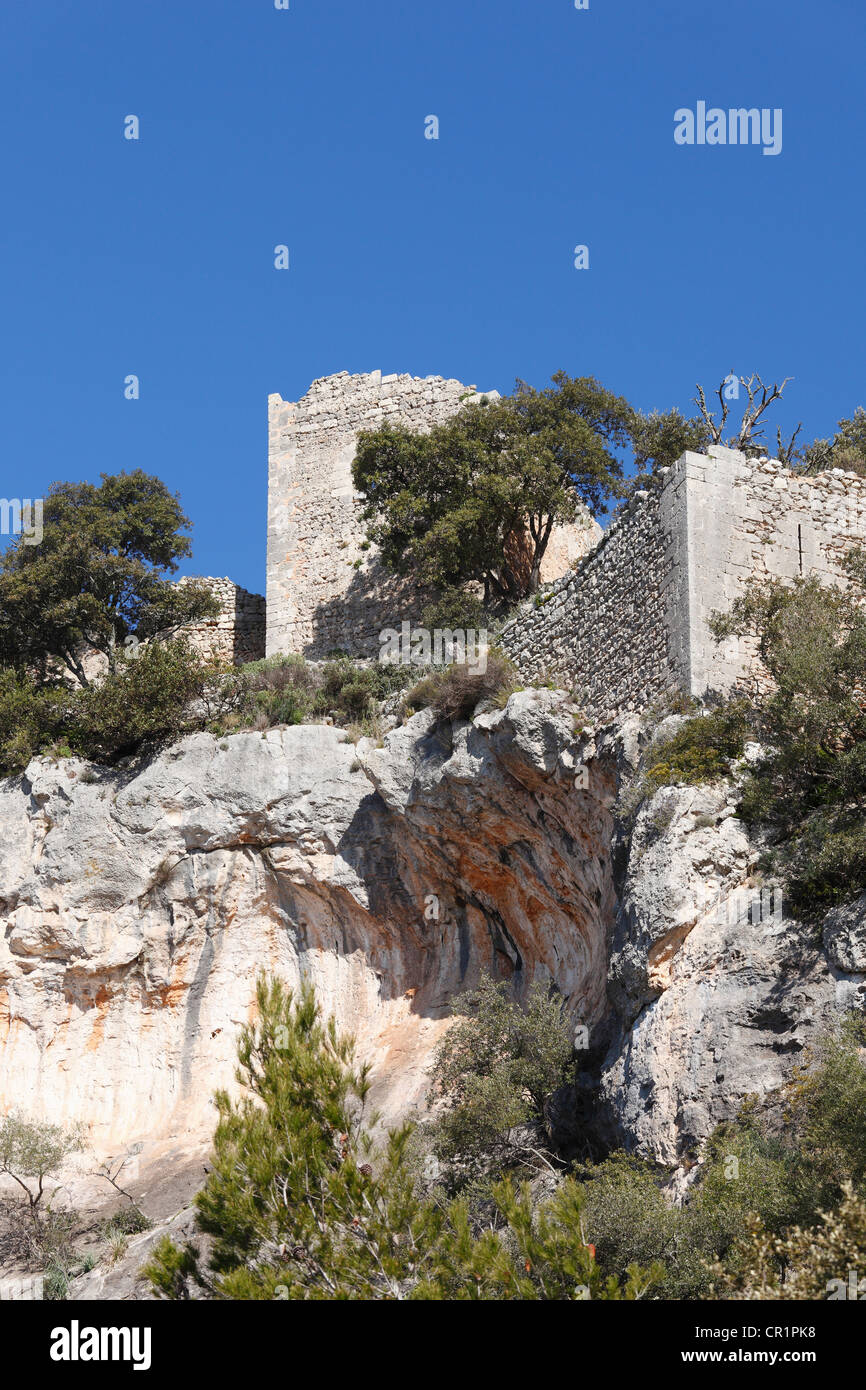 Castillo de Alaro castle ruin, Puig de Alaro mountain, Majorca, Mallorca, Balearic Islands, Spain, Europe Stock Photo