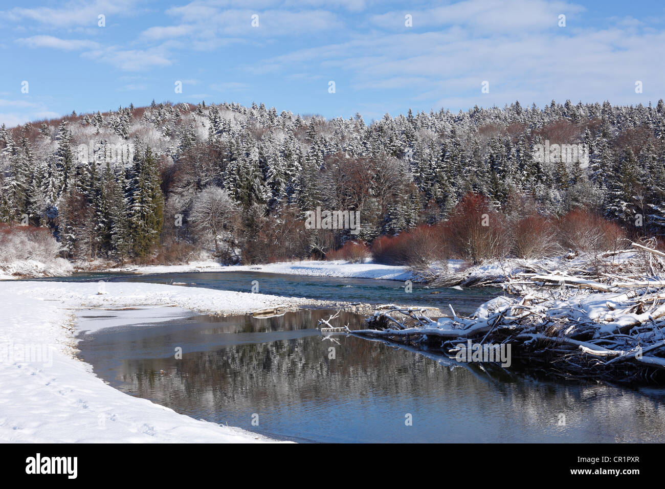 Winter scenery on the Isar river, meadows on the Isar river, Geretsried, Upper Bavaria, Bavaria, Germany, Europe Stock Photo