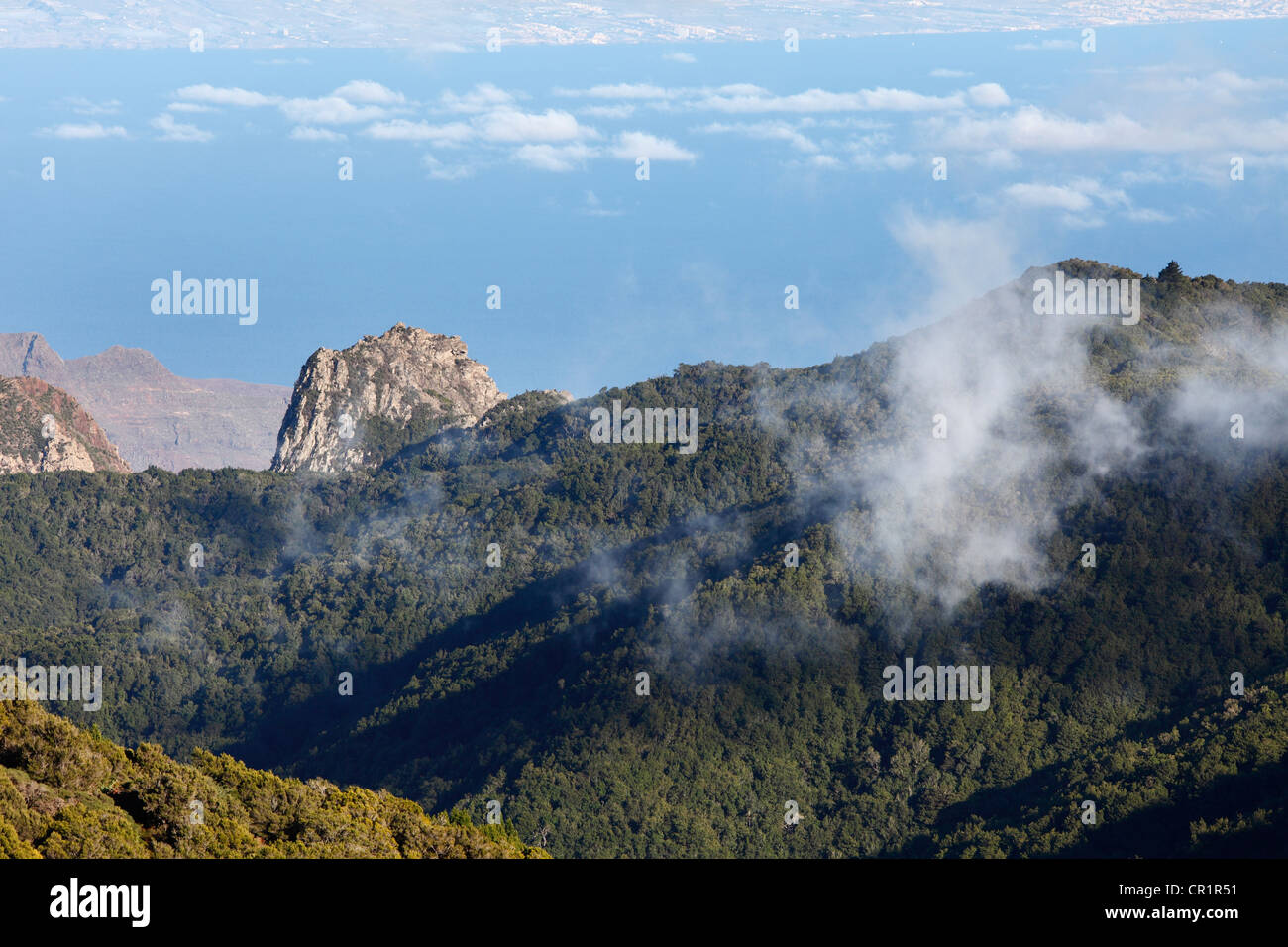 Roque de Ojila mountain, forest, Garajonay National Park, view from Garajonay mountain, La Gomera island, , Spain, Europe Stock Photo