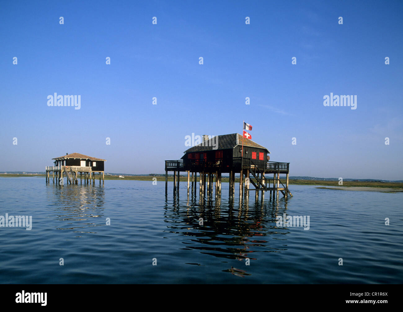 France, Gironde, Bassin d'Arcachon, Ile aux Oiseaux, Cabanes tchanquees, typical Arcachon Bay wooden hut on stilts Stock Photo