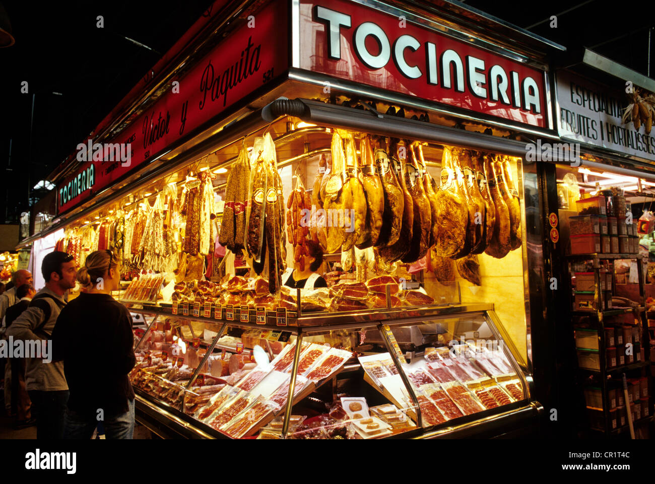 Spain, Catalonia, Barcelona, cooked meats at the market of the Boqueria Stock Photo
