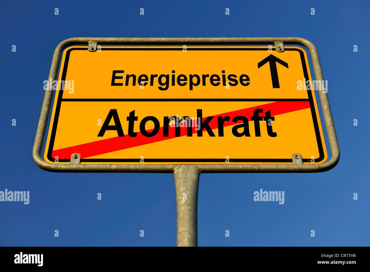 City limits sign with the words Energiepreise and Atomkraft, German for energy costs and nuclear energy, symbolic image for the Stock Photo
