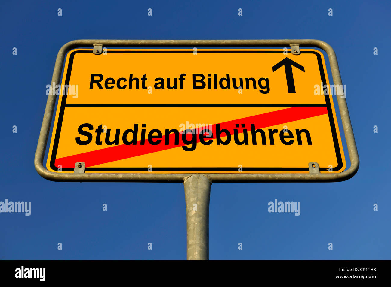 City limits sign with the words Recht auf Bildung and Studiengebuehren, German for the right to education and tuition fees, Stock Photo