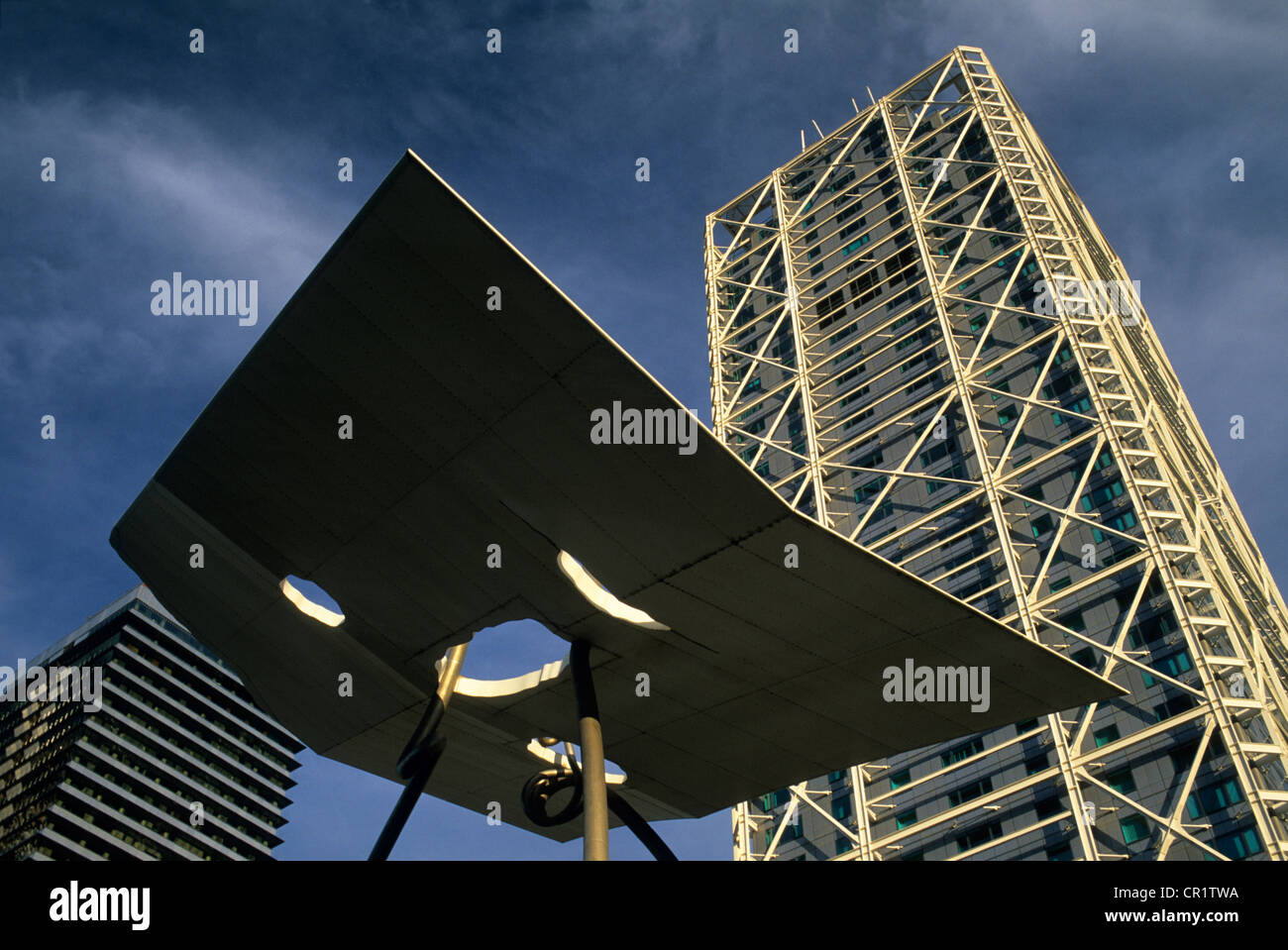 Spain, Catalonia, Barcelona, sculpture of David and Goliath near the Torre de Artes (Arts Tower), Olympic village District Stock Photo