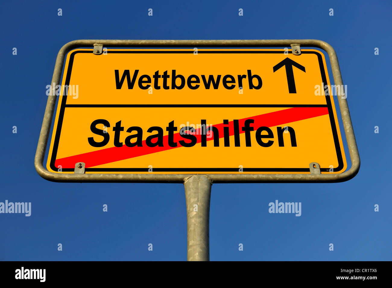Town sign, city limits, Wettbewerb and Staatshilfen, German for competition and state aid, symbolic image for contradiction Stock Photo
