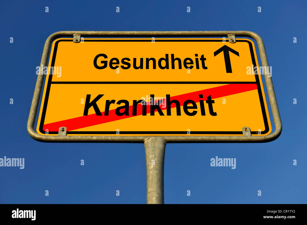 City limit sign, symbolic image for the way from Krankheit to Gesundheit, German for going from being sick to regaining health Stock Photo