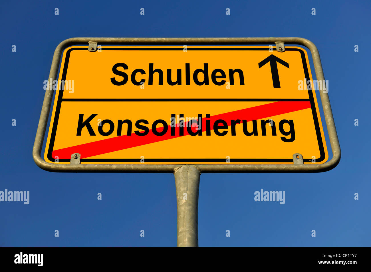 City limit sign, symbolic image for the way from a Konsolidierung to Schulden, German for going from a consolidation to having Stock Photo