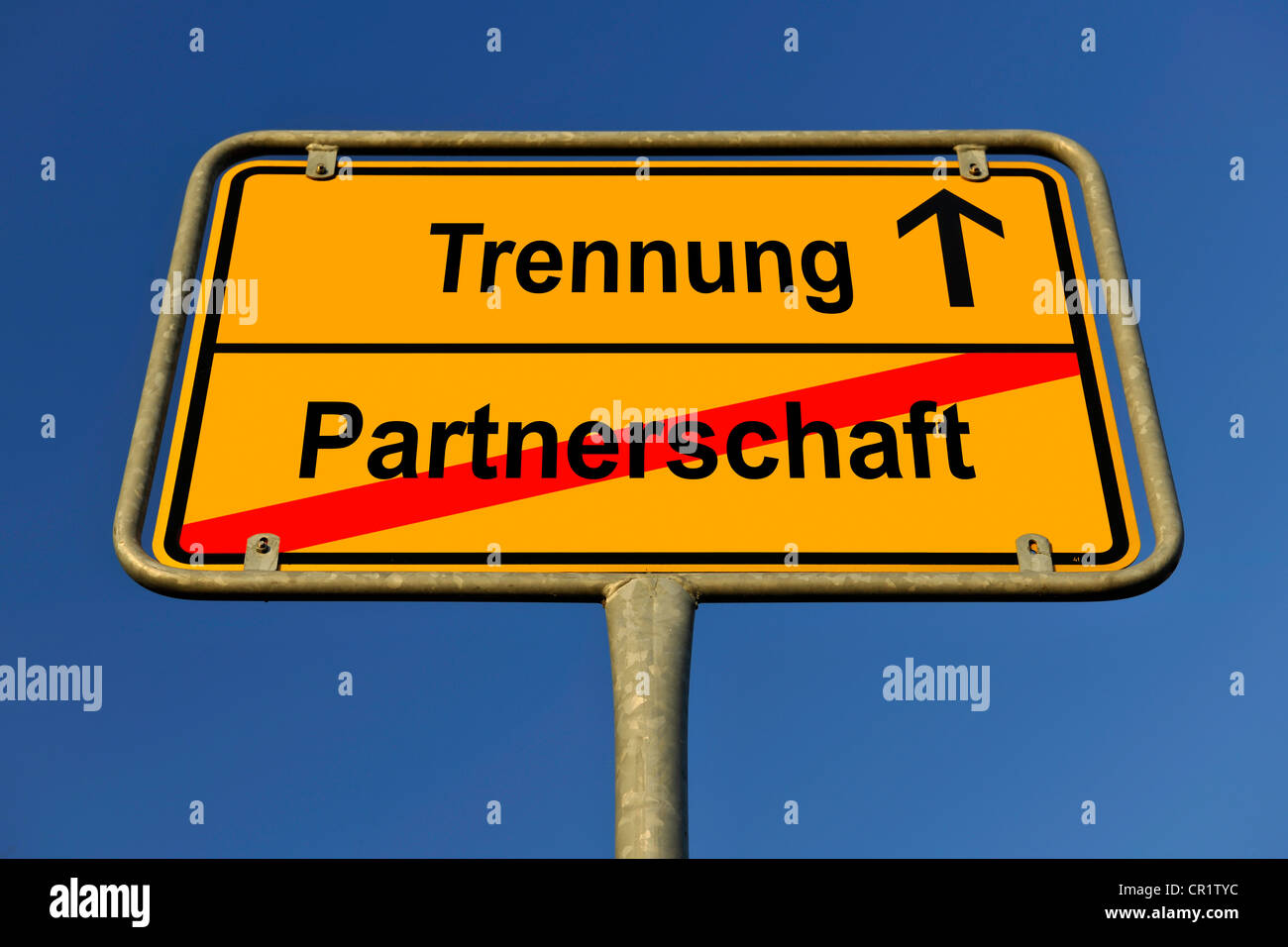 City limit sign, symbolic image for the way from Partnerschaft to Trennung, German for going from being in a partnership to Stock Photo