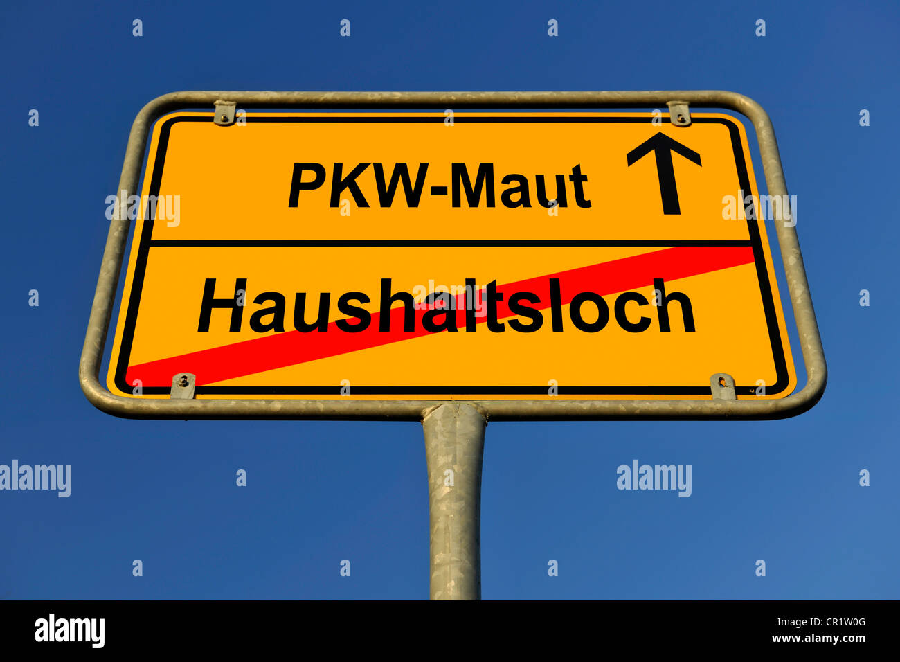 City limit sign, symbolic image for filling a Haushaltsloch with a Pkw-Maut, German for filling a budget deficit with a car toll Stock Photo