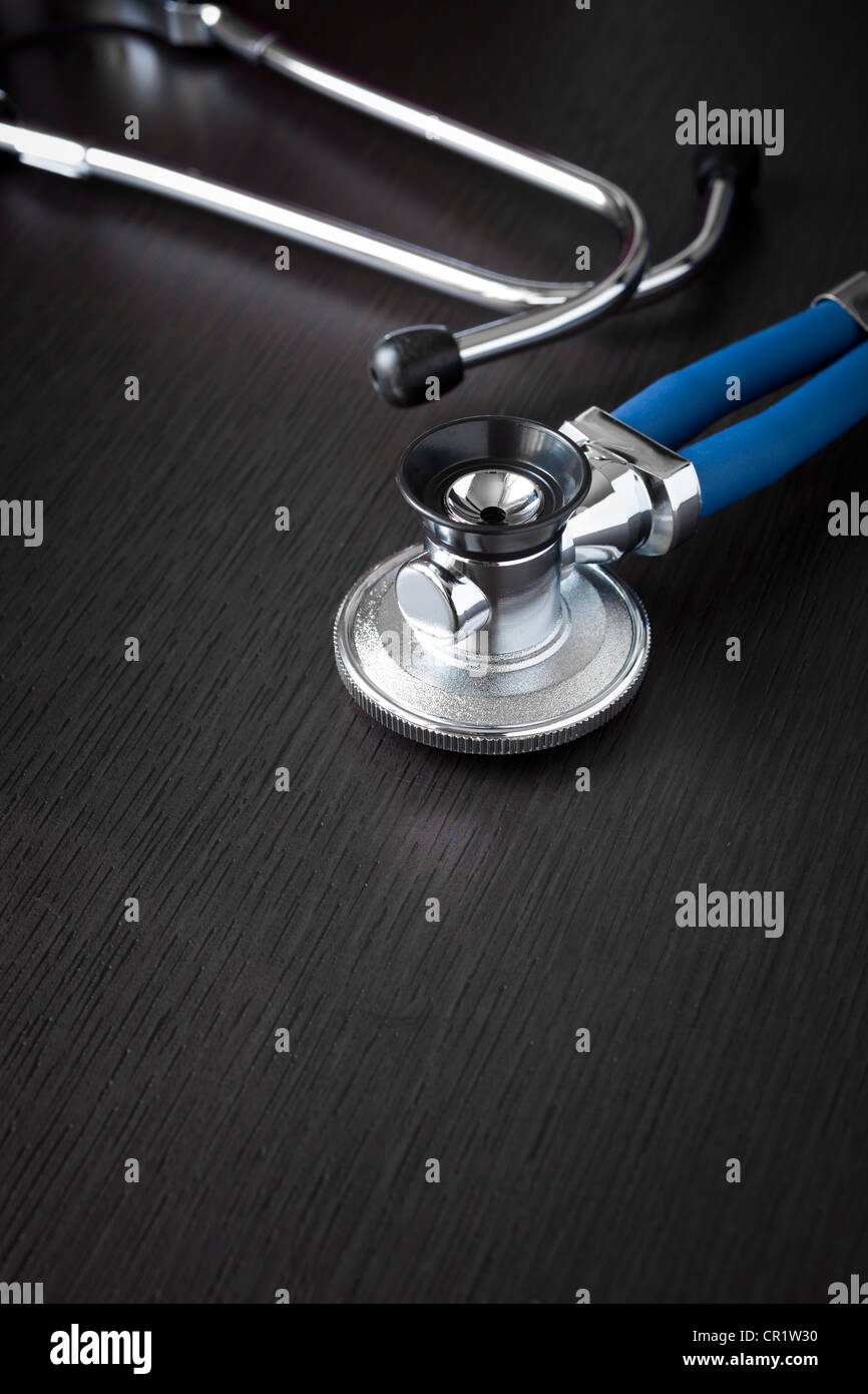 stethoscope on black background, selective focus Stock Photo