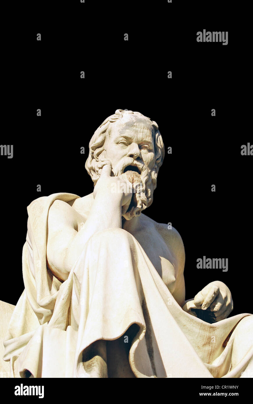 Socrates statue at the Academy of Athens building in Athens, Greece (isolated in black) Stock Photo