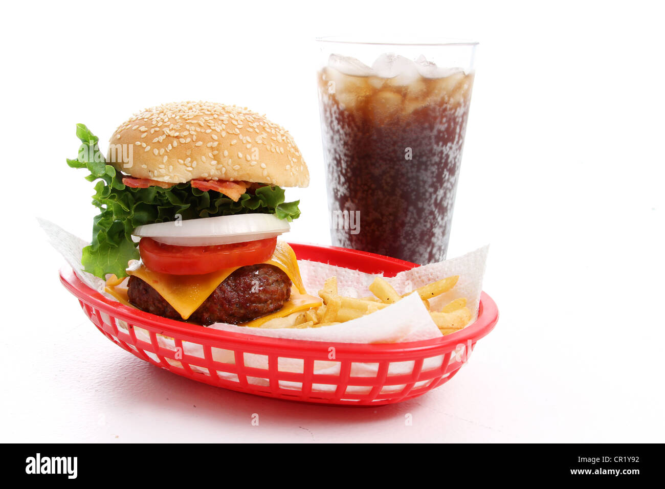 Meal of a cheeseburger, fries, and a soda Stock Photo Alamy
