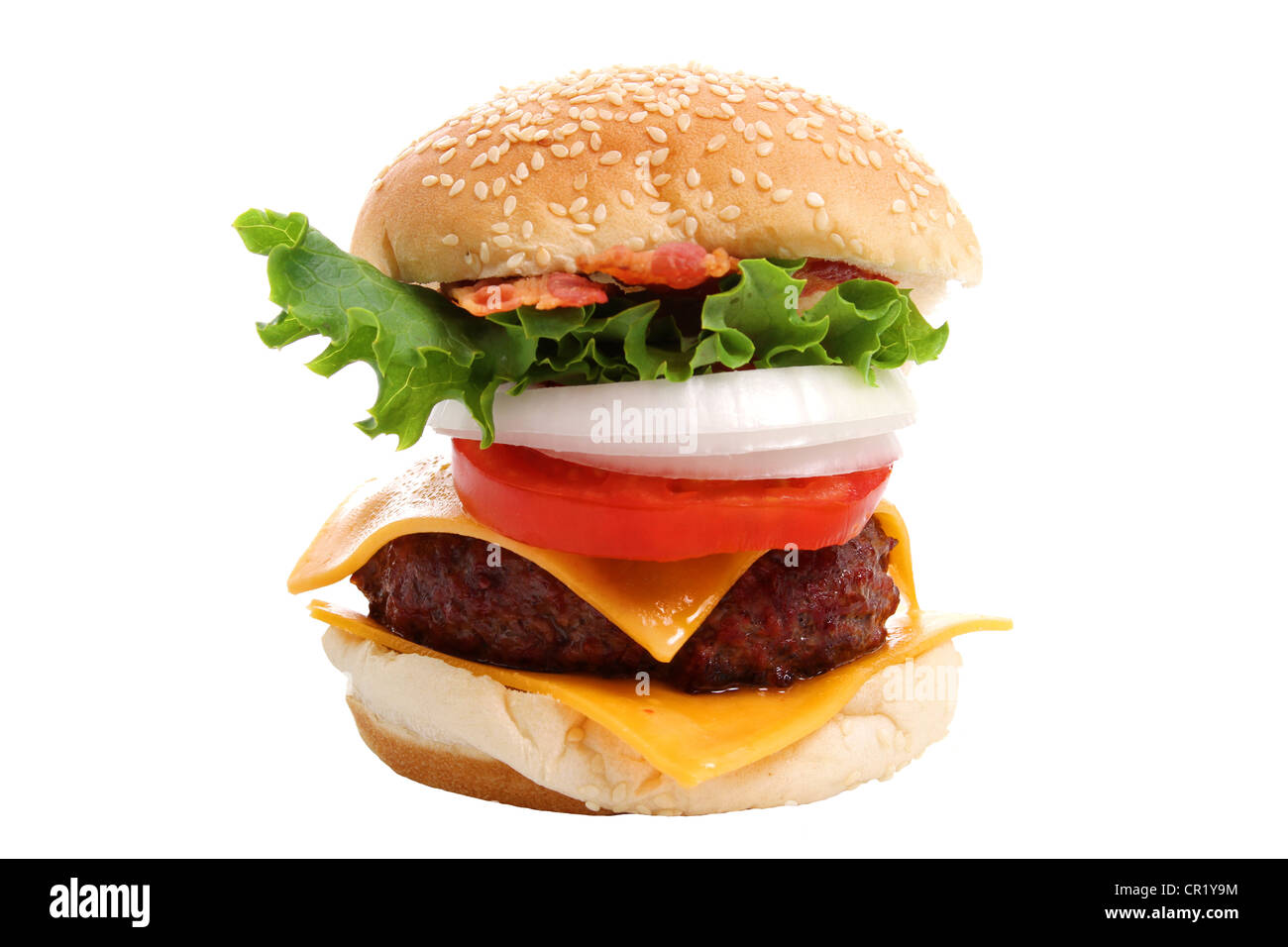 Cheeseburger with toppings set on white background Stock Photo