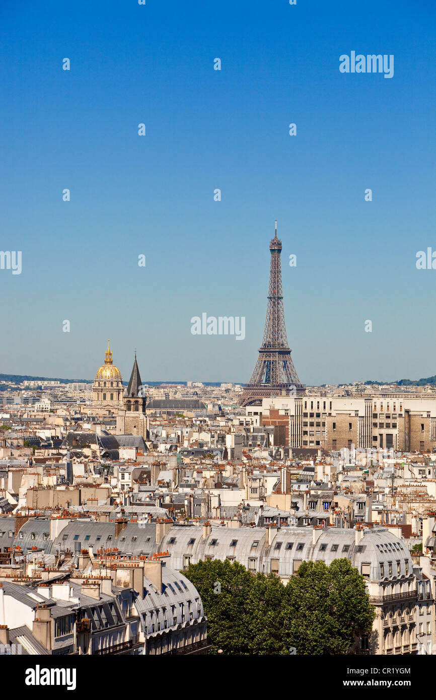 France, Paris, Eiffel tower seen from NotreDame de Paris Cathedral