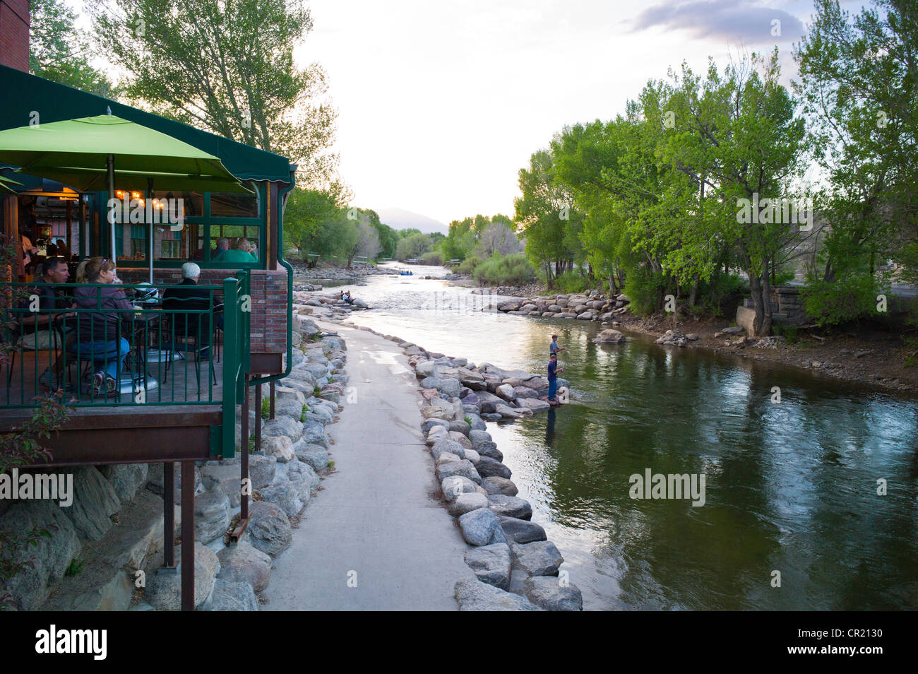 Boathouse Cantina perched on the Arkansas River in historic downtown district, small mountain town of Salida, Colorado, USA Stock Photo